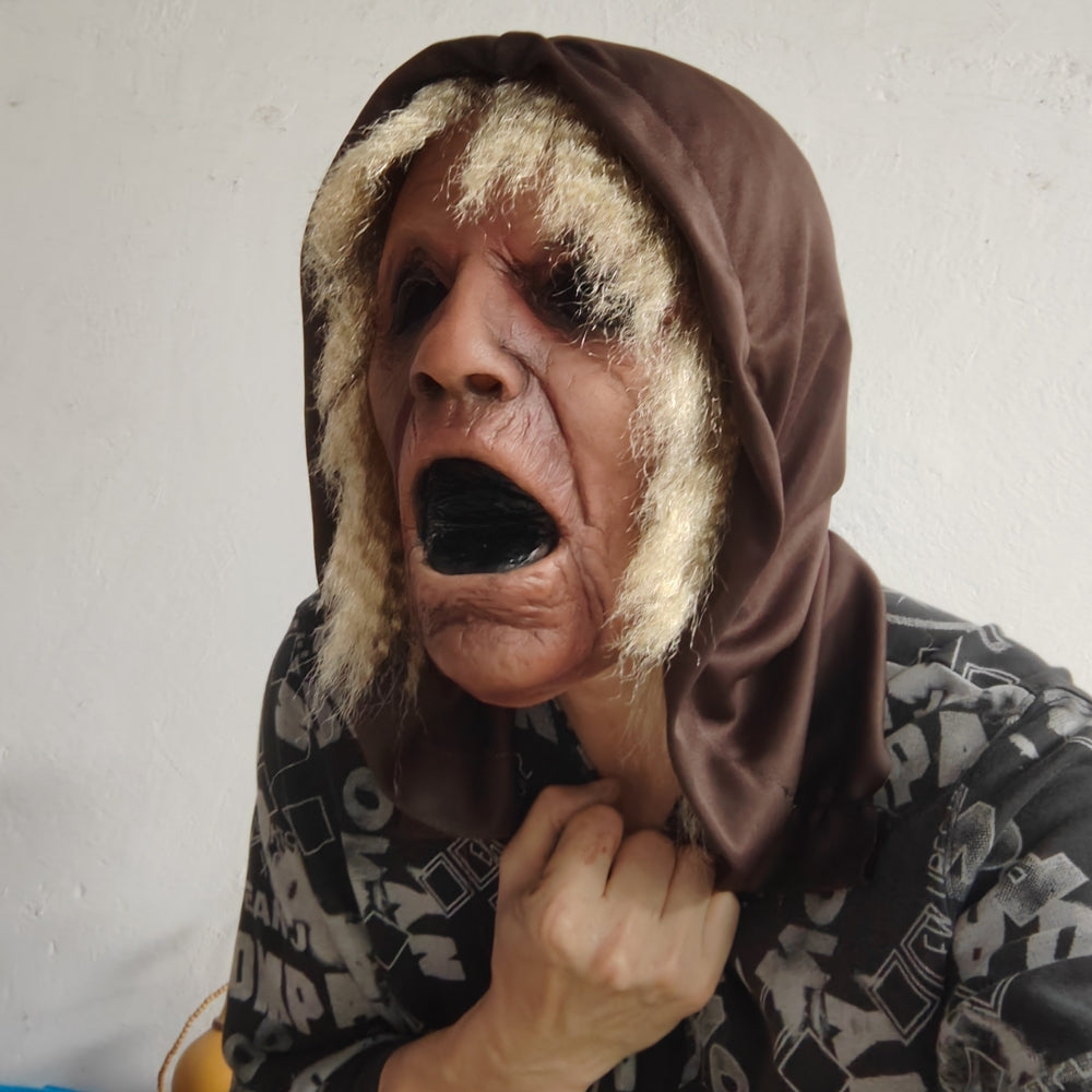 Realistic Creepy Scream Man Hood Mask Rubber Open Mouth Halloween Painful Old Man Costume Accessory for Parties