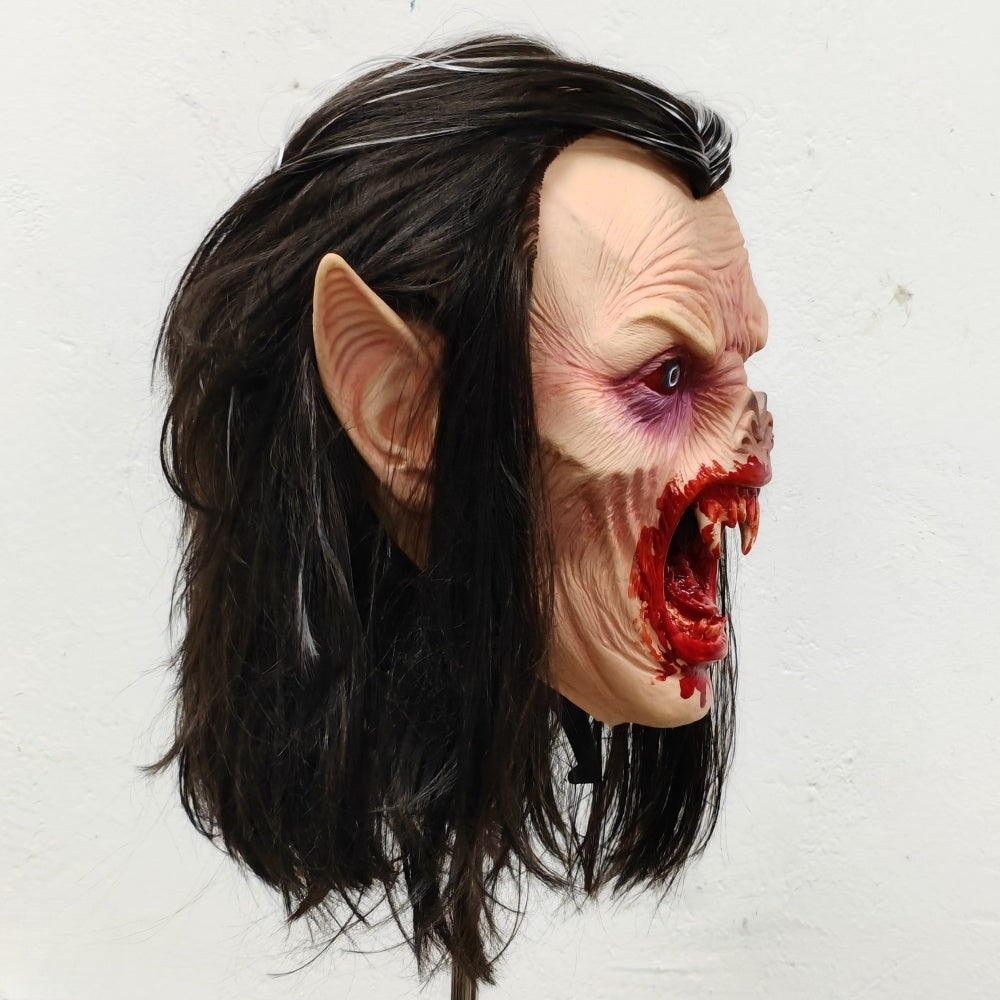 Dracula's Daughter Lifelike Halloween Horror Nights Mask with Bloody Sharp Teeth Long Hair Vampire Rubber Costume Prop for Adult