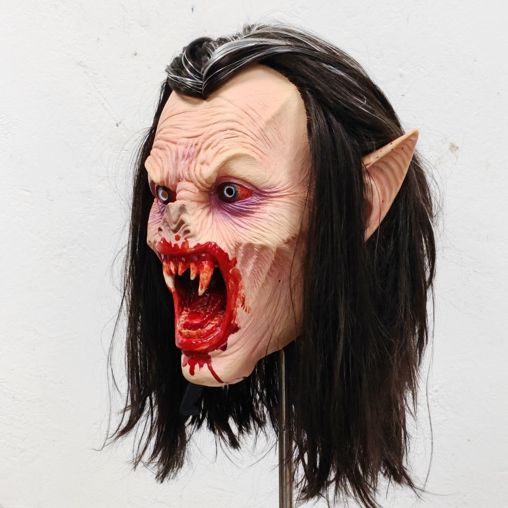 Dracula's Daughter Lifelike Halloween Horror Nights Mask with Bloody Sharp Teeth Long Hair Vampire Rubber Costume Prop for Adult