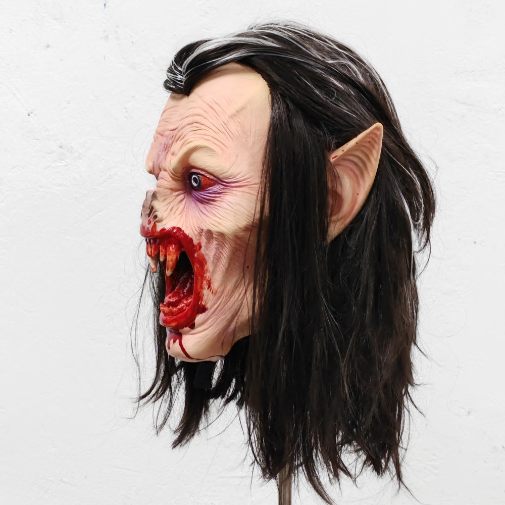 Dracula's Daughter Lifelike Halloween Horror Nights Mask with Bloody Sharp Teeth Long Hair Vampire Rubber Costume Prop for Adult
