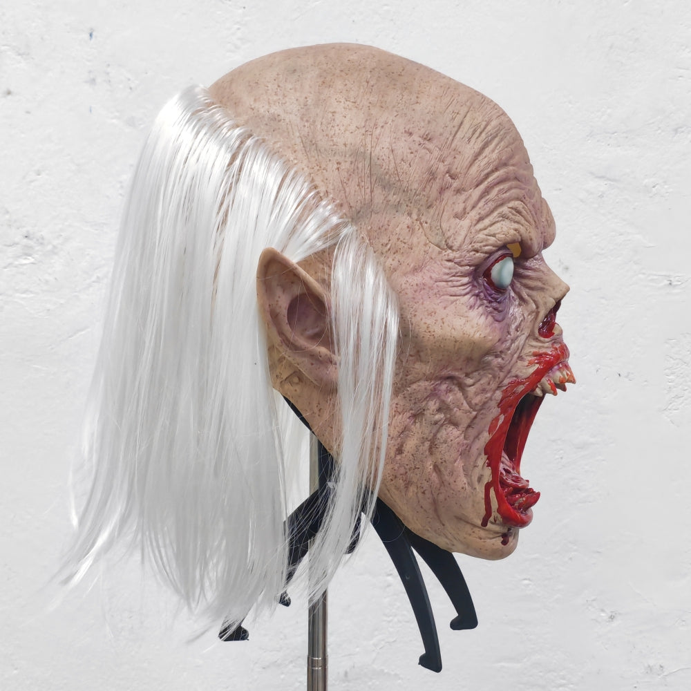 Unisex Scary Vampire Halloween Mask Set with White Hair Bloody Mouth Blind Bald Character Teeth Prop for Horror Theme Parties