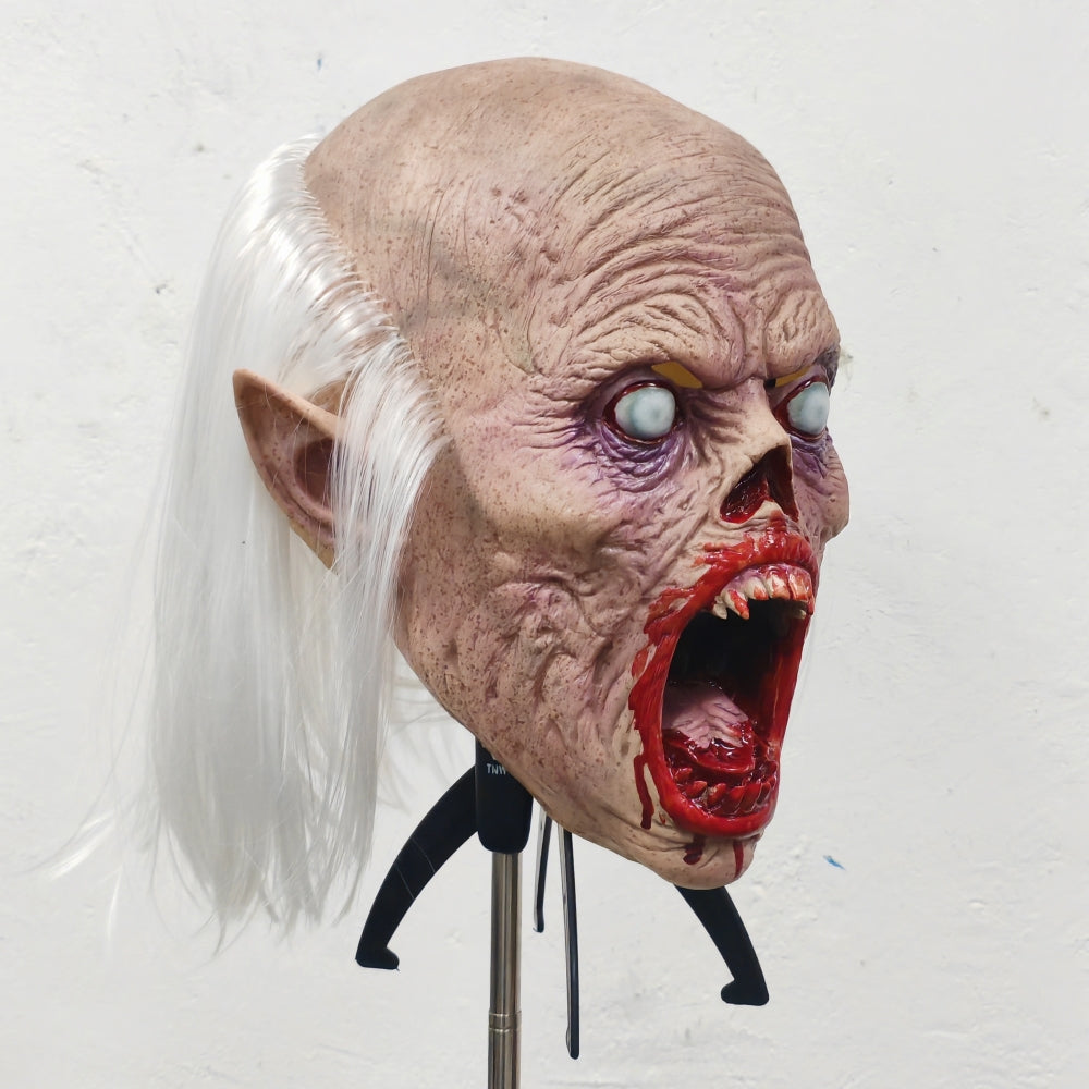 Unisex Scary Vampire Halloween Mask Set with White Hair Bloody Mouth Blind Bald Character Teeth Prop for Horror Theme Parties