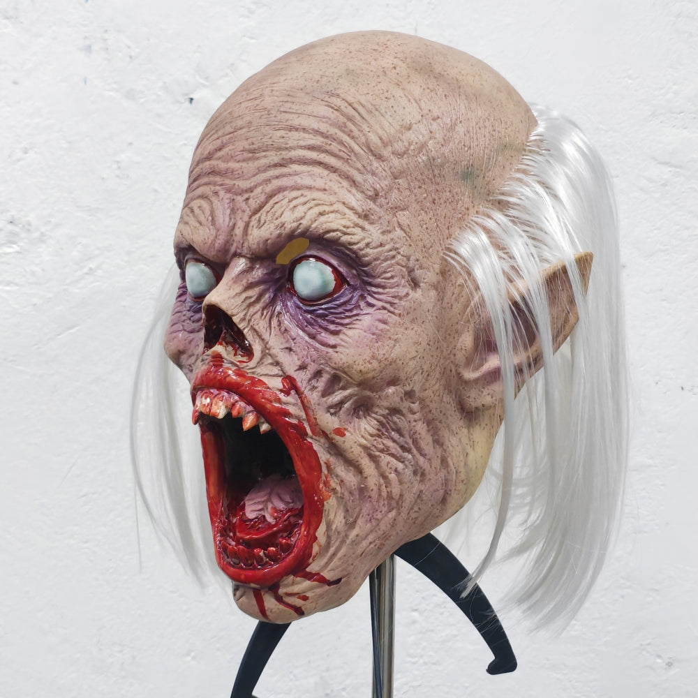 Unisex Scary Vampire Halloween Mask Set with White Hair Bloody Mouth Blind Bald Character Teeth Prop for Horror Theme Parties