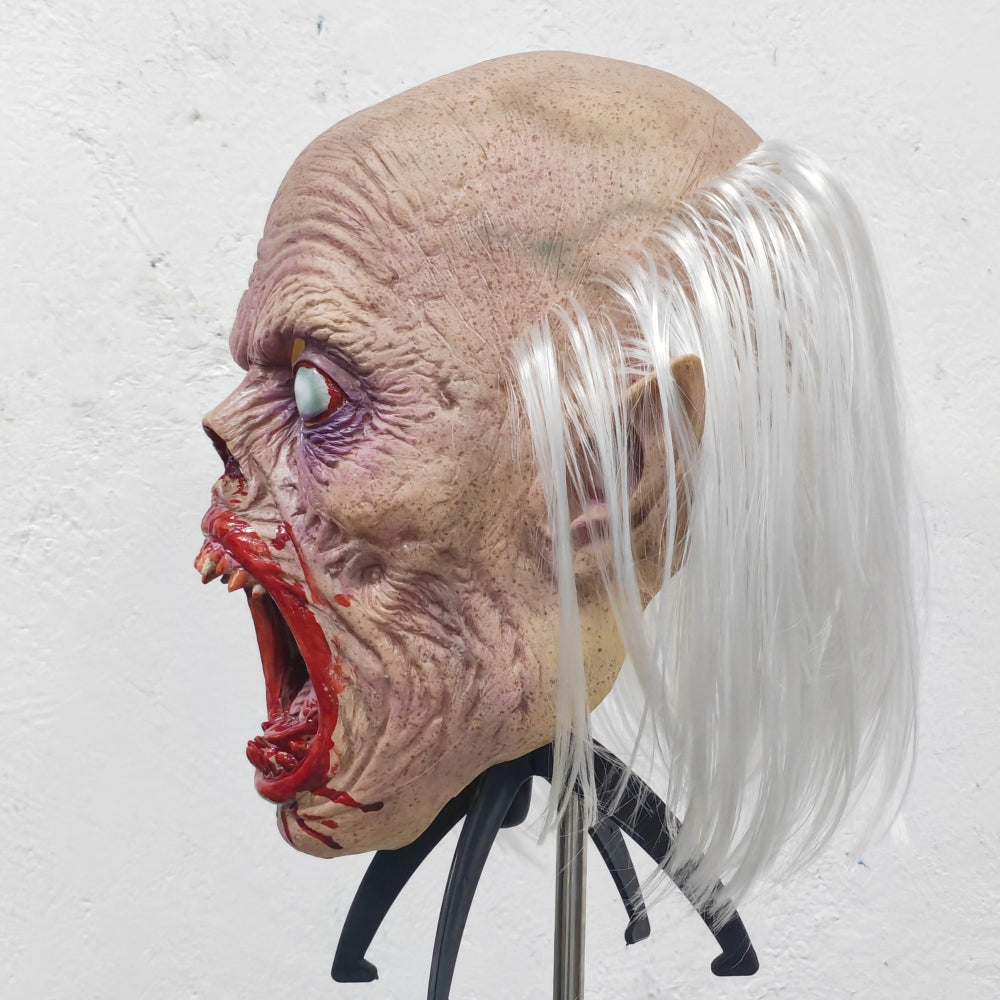 Unisex Scary Vampire Halloween Mask Set with White Hair Bloody Mouth Blind Bald Character Teeth Prop for Horror Theme Parties