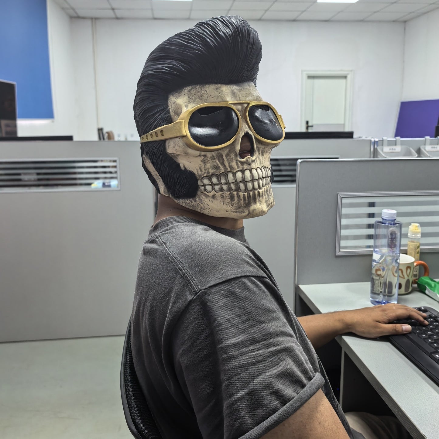 Adult Elvis Presley Costume Accessory Kit Famous Human Dead Skull Mask Black Quiff Wig Gold Glasses Rock N Roll Teddy Boy Theme