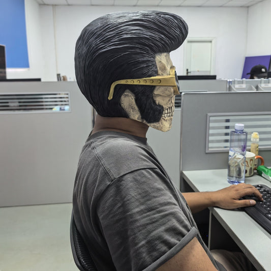 Adult Elvis Presley Costume Accessory Kit Famous Human Dead Skull Mask Black Quiff Wig Gold Glasses Rock N Roll Teddy Boy Theme