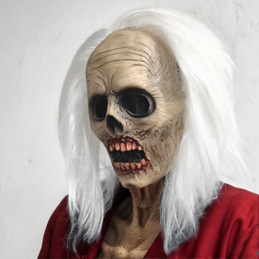 Scary Zombie Head Mask Vampire Mask for Adult White Hair Creepy Costume Horror Halloween Ghost Decoration Props Latex