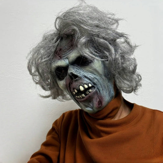 Adult Grey Hair Rubber Zombie Dead Man Mask with Blood Bite Halloween Scar Detailed Bad Teeth Costume Accessory