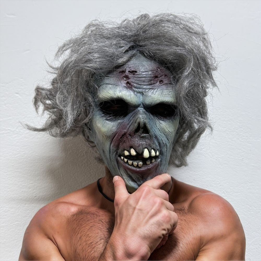 Adult Grey Hair Rubber Zombie Dead Man Mask with Blood Bite Halloween Scar Detailed Bad Teeth Costume Accessory