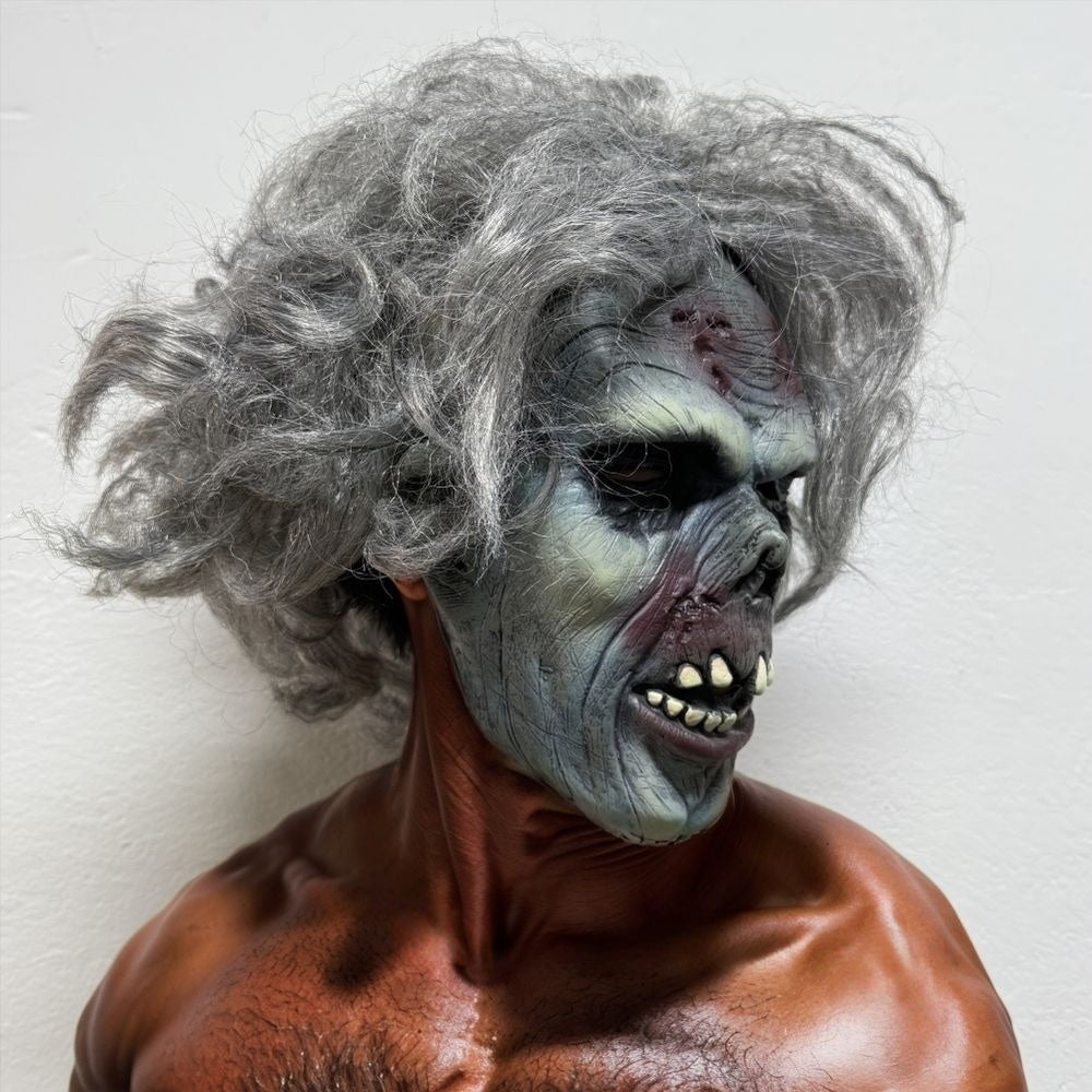 Adult Grey Hair Rubber Zombie Dead Man Mask with Blood Bite Halloween Scar Detailed Bad Teeth Costume Accessory