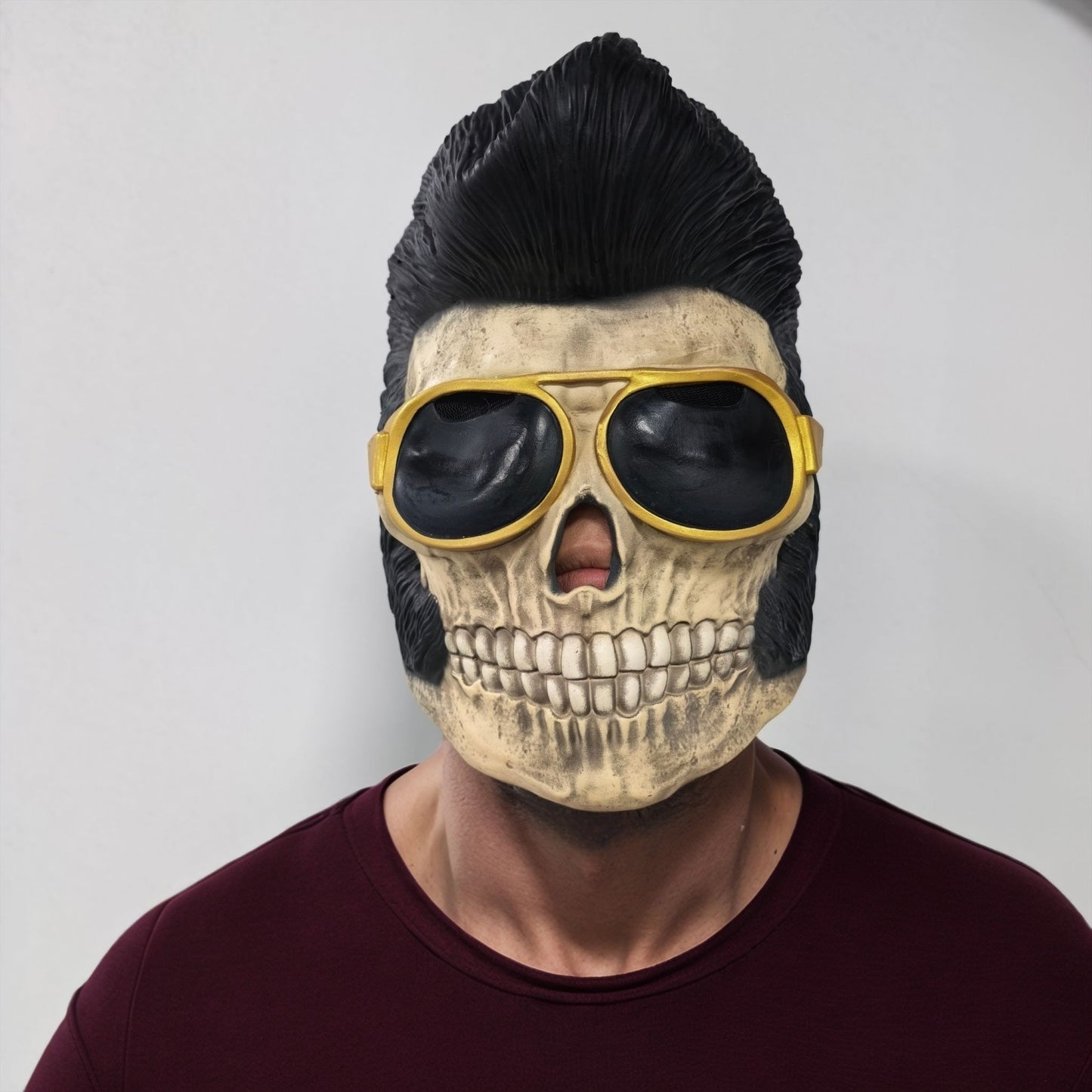 Adult Elvis Presley Costume Accessory Kit Famous Human Dead Skull Mask Black Quiff Wig Gold Glasses Rock N Roll Teddy Boy Theme