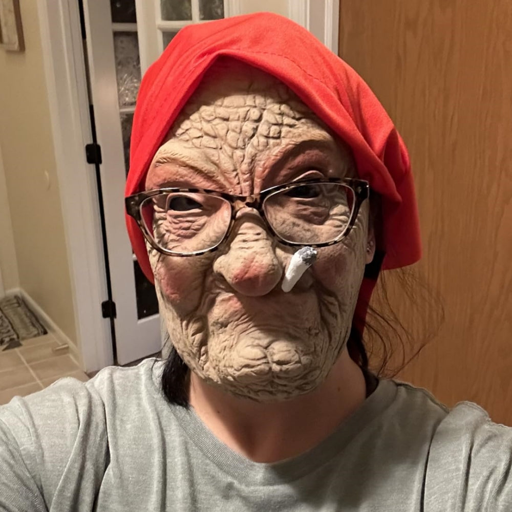 Funny Smoking Granny Latex Mask - Old Nana with Wrinkled Face And Red Scarf Ideal for Halloween Party Costume Props