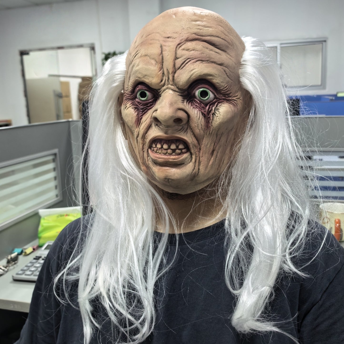 Realistic Rubber Full Head Old Man Mask with White Hair Funny Horror Minion Party Accessory for Adults