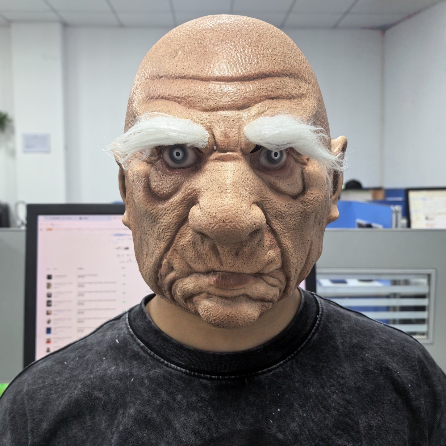 Realistic Rubber Old Man Mask with White Eyebrow Angry Full Head Prop for Halloween Party Costume Accessory