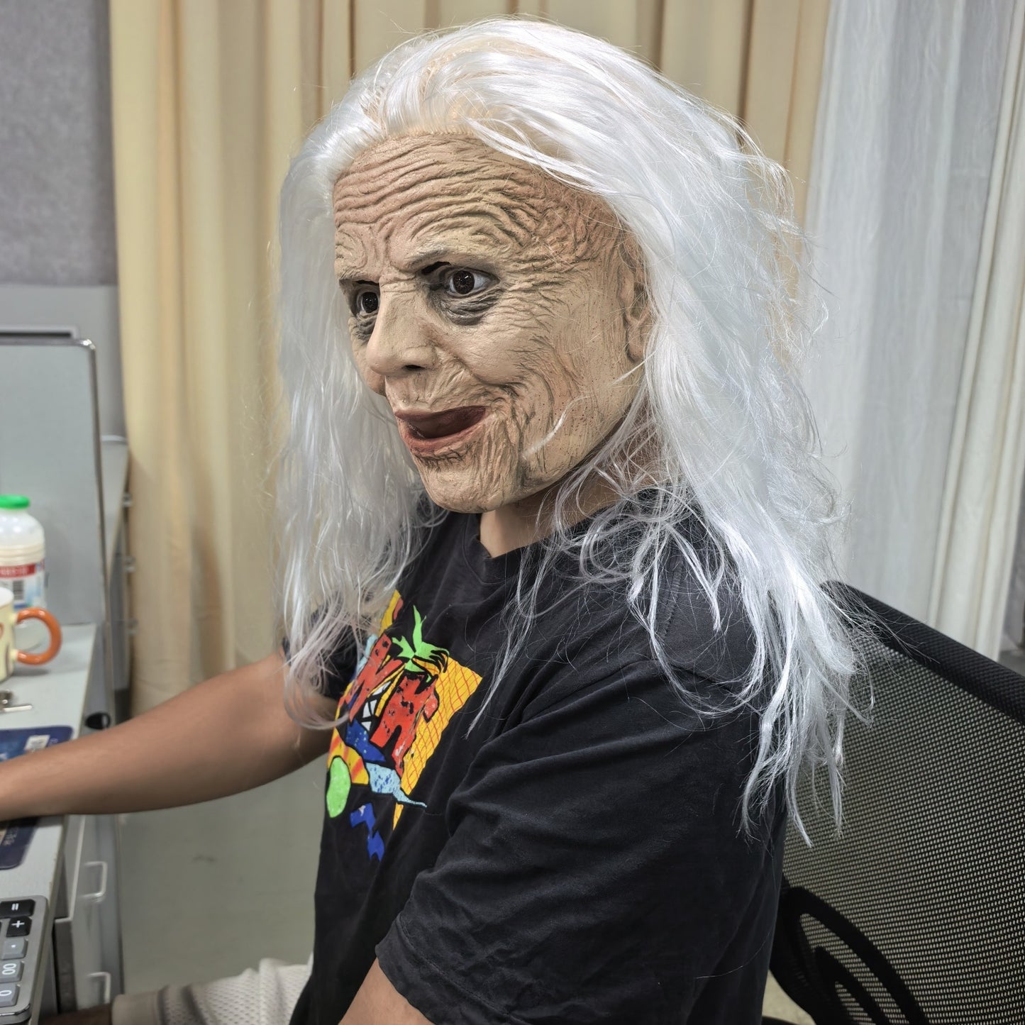 Adult White Sewed Wig Rubber Face Mask Sexy Lady Halloween Costume Accessory Old Grandma Mask Theme for Party And Cosplay