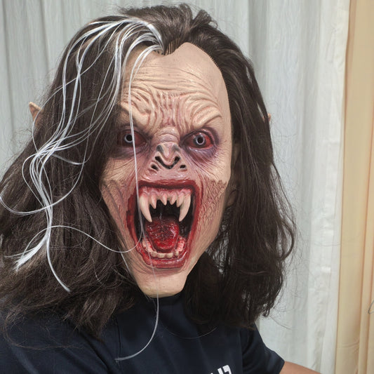 Adult Lifelike Vampire Costume Prop Rubber Mask with Long Hair And Sharp Teeth for Halloween Horror Nights