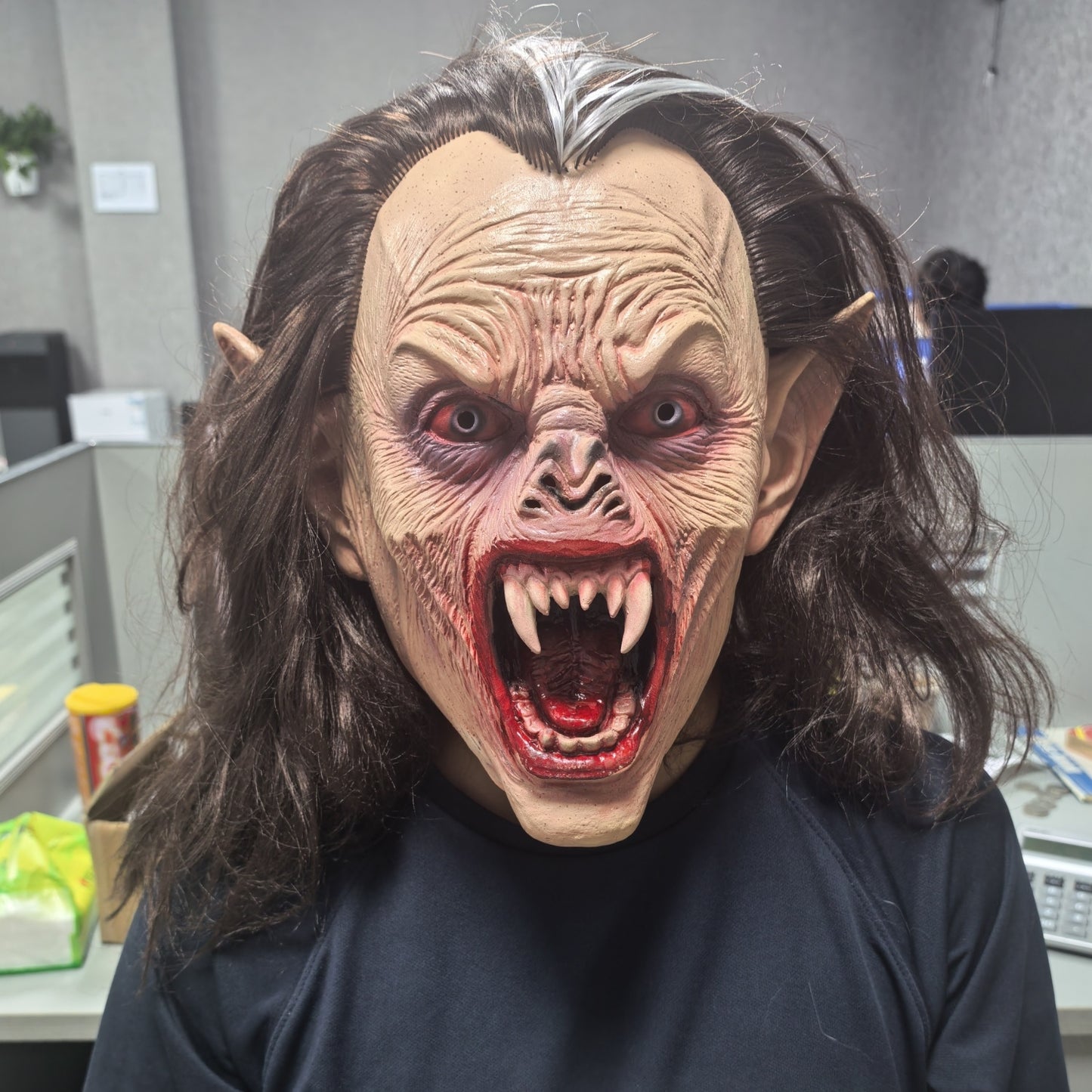 Adult Lifelike Vampire Costume Prop Rubber Mask with Long Hair And Sharp Teeth for Halloween Horror Nights