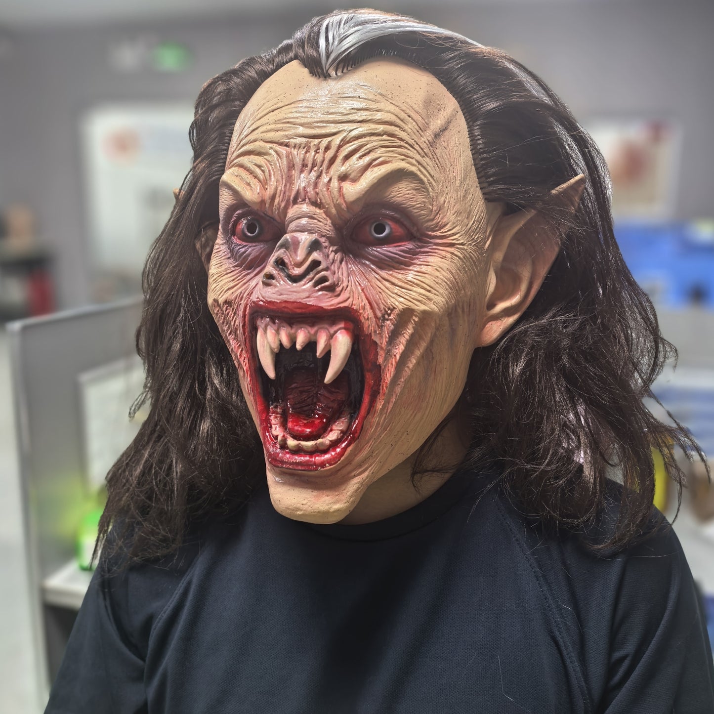 Adult Lifelike Vampire Costume Prop Rubber Mask with Long Hair And Sharp Teeth for Halloween Horror Nights