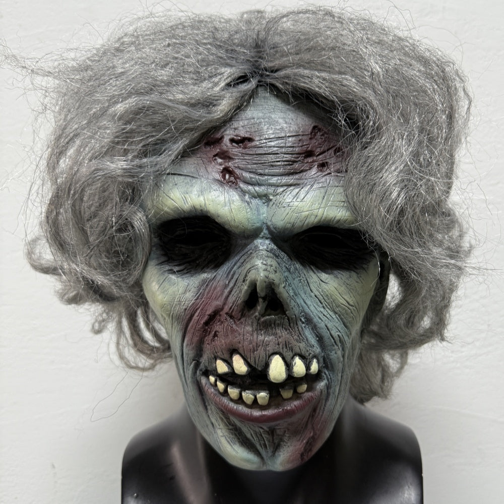 Adult Grey Hair Rubber Zombie Dead Man Mask with Blood Bite Halloween Scar Detailed Bad Teeth Costume Accessory