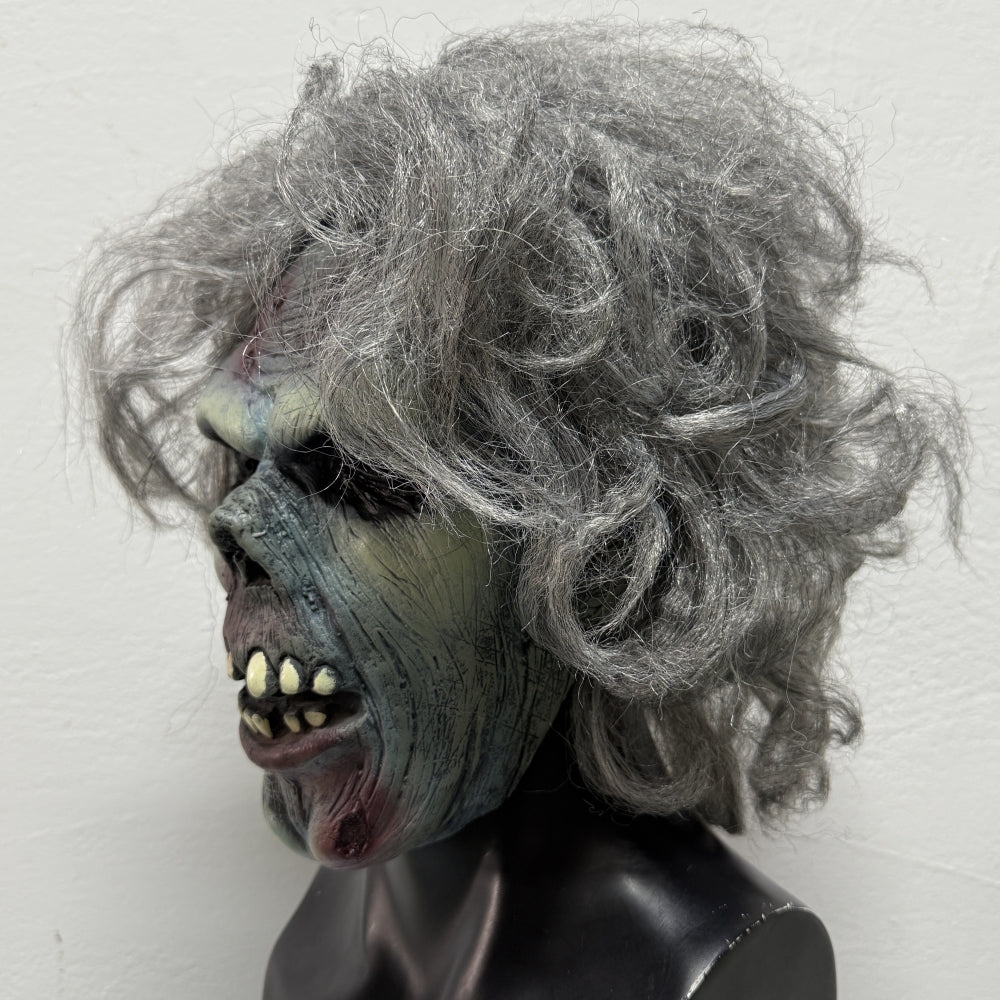 Adult Grey Hair Rubber Zombie Dead Man Mask with Blood Bite Halloween Scar Detailed Bad Teeth Costume Accessory