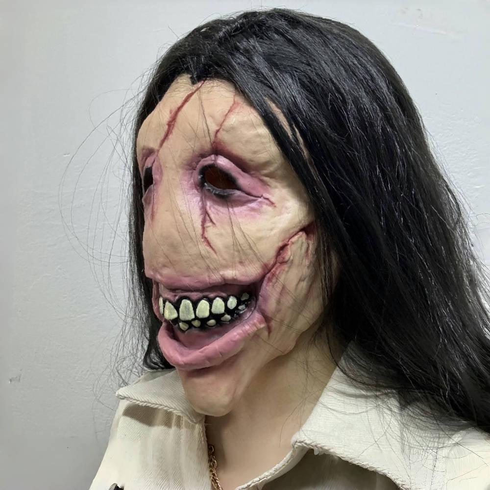 Adult Long Wig Rubber Face Mask Ugly Zombie Bloody Devil Halloween Scared Mask for Cosplay Party Accessory