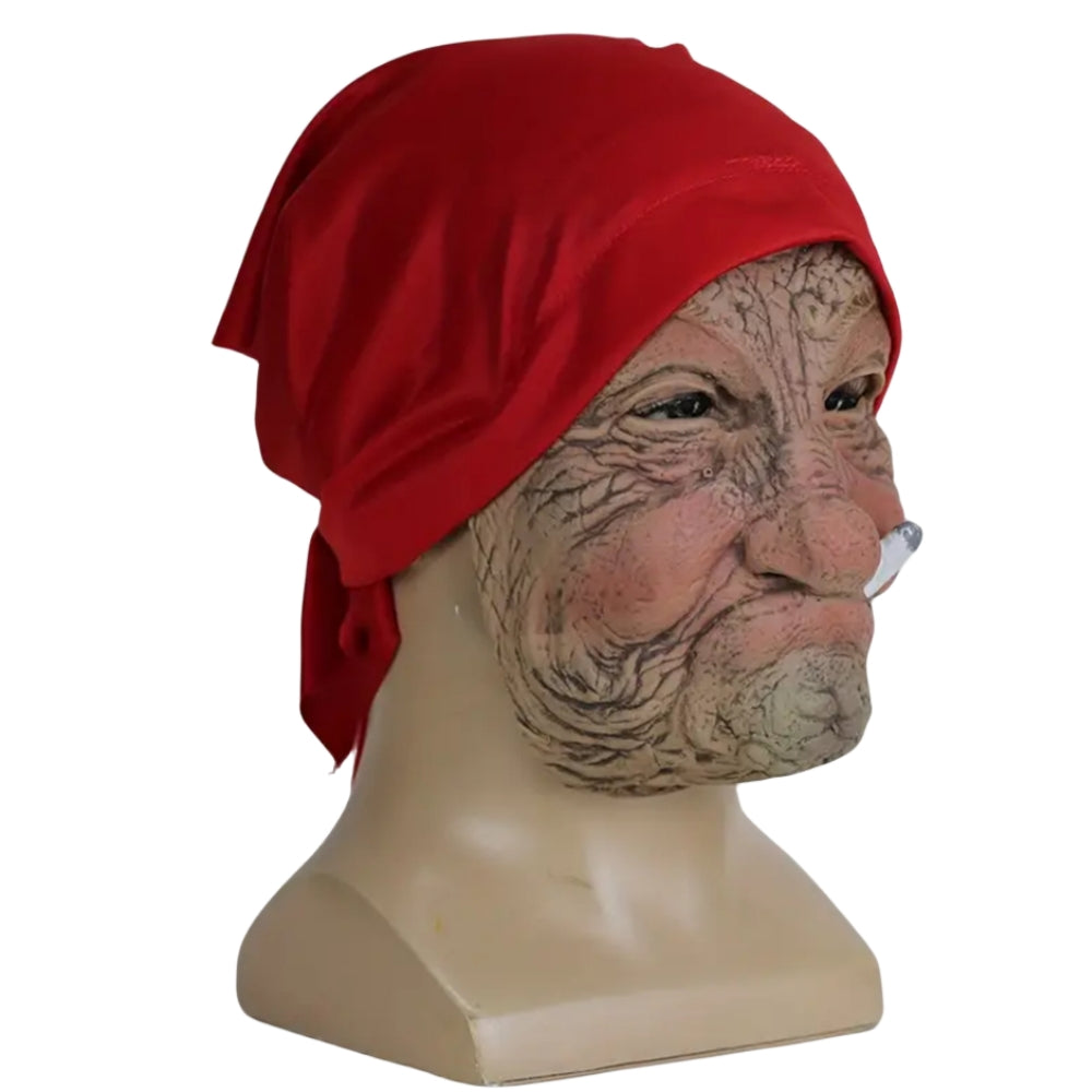 Funny Smoking Granny Latex Mask - Old Nana with Wrinkled Face And Red Scarf Ideal for Halloween Party Costume Props