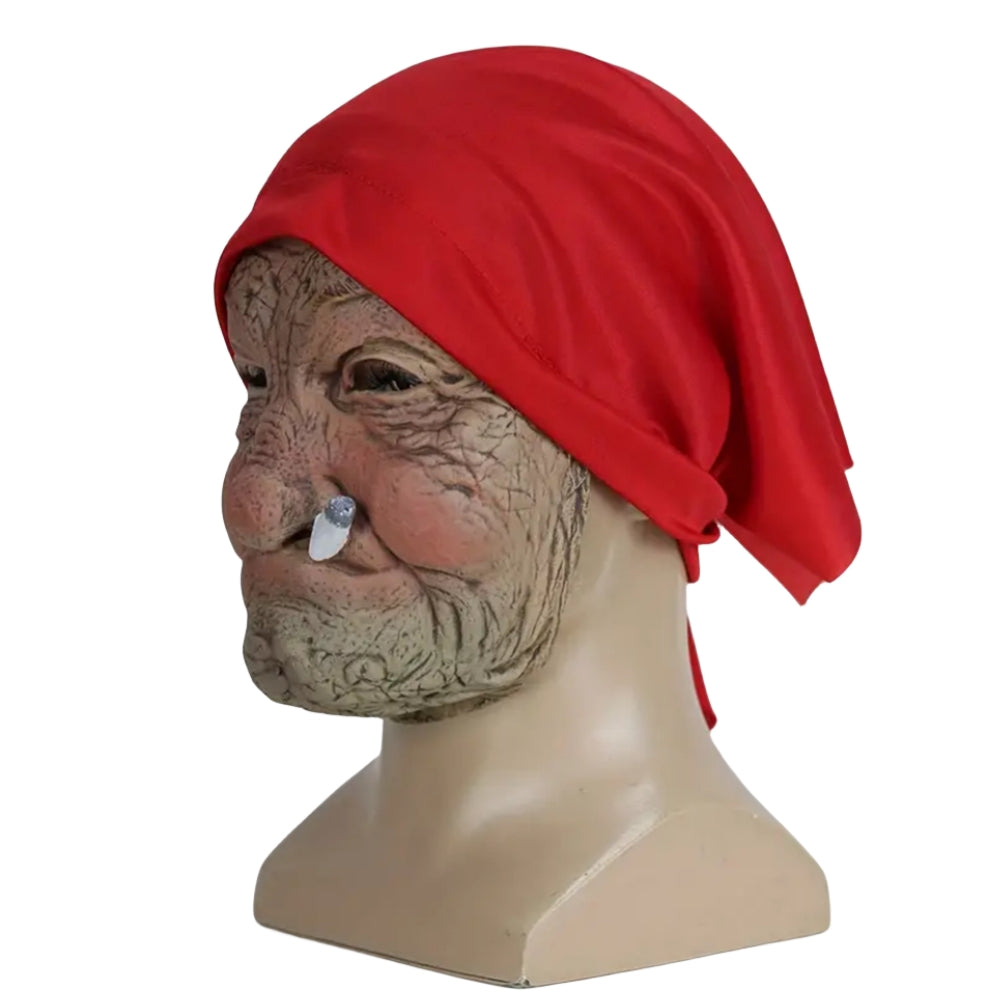 Funny Smoking Granny Latex Mask - Old Nana with Wrinkled Face And Red Scarf Ideal for Halloween Party Costume Props