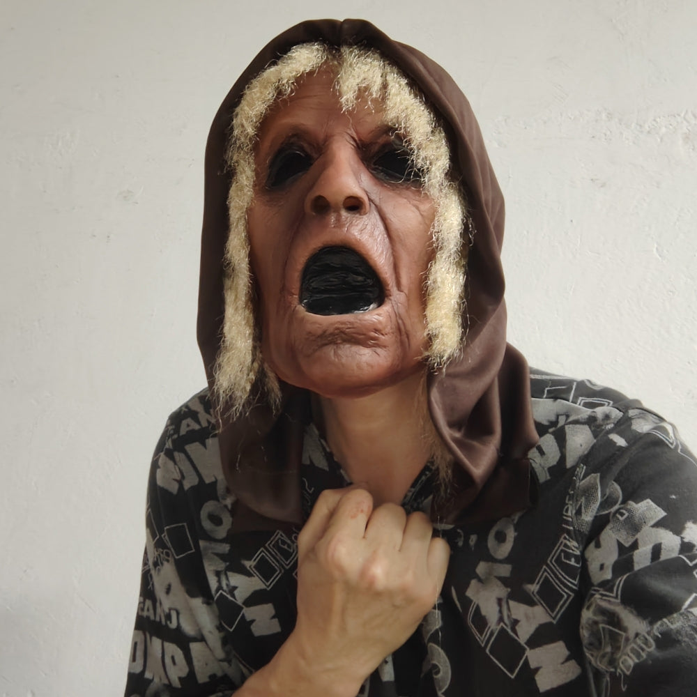 Realistic Creepy Scream Man Hood Mask Rubber Open Mouth Halloween Painful Old Man Costume Accessory for Parties