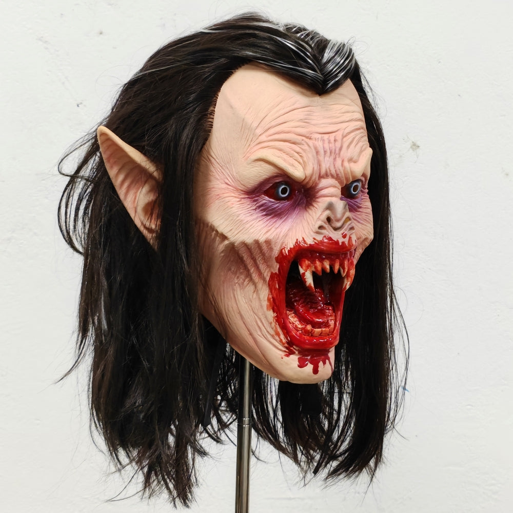 Dracula's Daughter Lifelike Halloween Horror Nights Mask with Bloody Sharp Teeth Long Hair Vampire Rubber Costume Prop for Adult