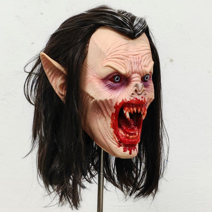 Dracula's Daughter Lifelike Halloween Horror Nights Mask with Bloody Sharp Teeth Long Hair Vampire Rubber Costume Prop for Adult