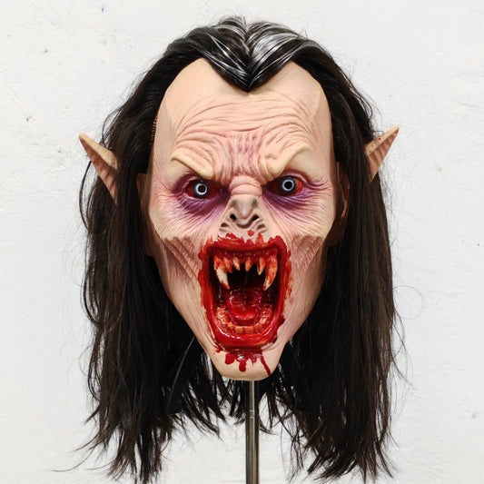 Dracula's Daughter Lifelike Halloween Horror Nights Mask with Bloody Sharp Teeth Long Hair Vampire Rubber Costume Prop for Adult