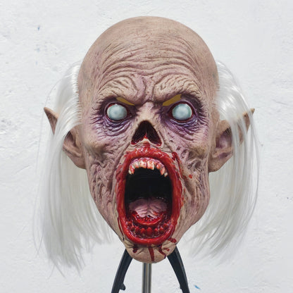 Unisex Scary Vampire Halloween Mask Set with White Hair Bloody Mouth Blind Bald Character Teeth Prop for Horror Theme Parties