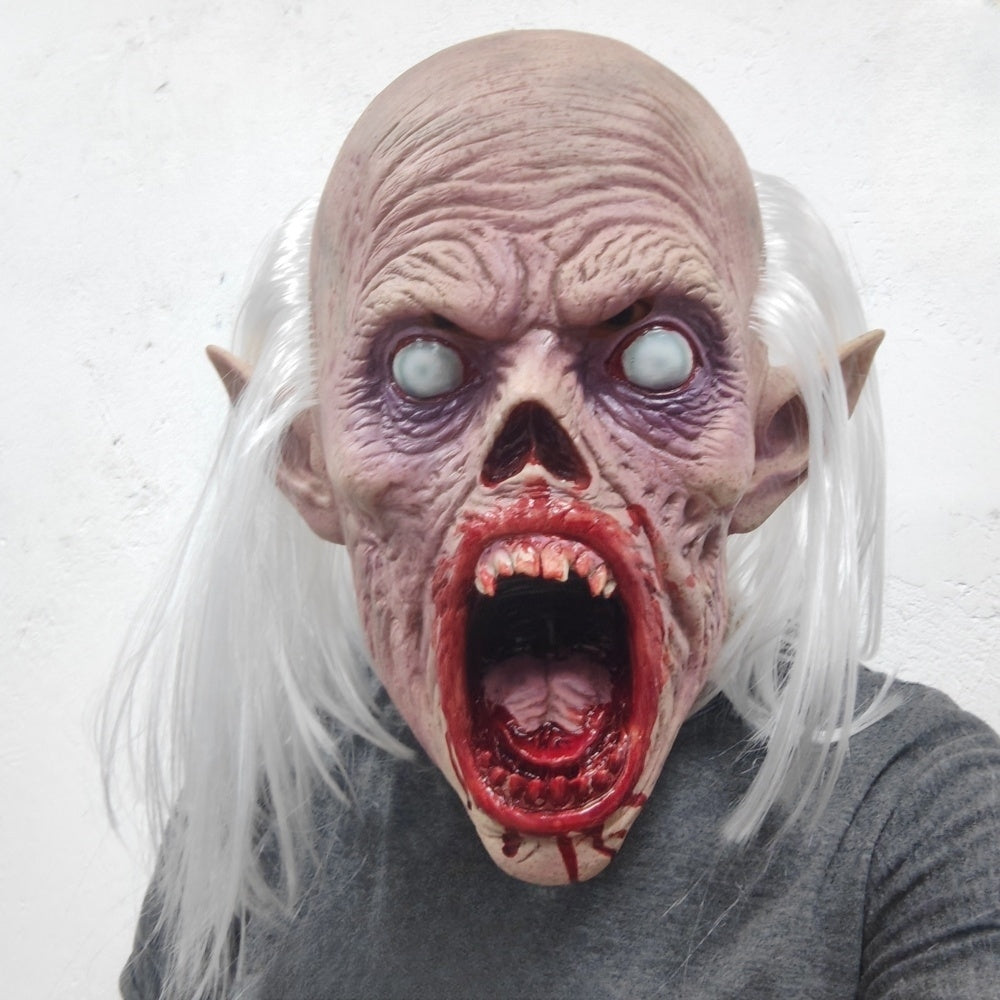 Unisex Scary Vampire Halloween Mask Set with White Hair Bloody Mouth Blind Bald Character Teeth Prop for Horror Theme Parties