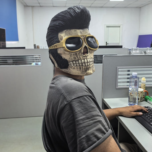 Adult Elvis Presley Costume Accessory Kit Famous Human Dead Skull Mask Black Quiff Wig Gold Glasses Rock N Roll Teddy Boy Theme