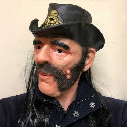 Adult Lemmy Kilmister Celebrity Mask with Hat And Wig Rubber Latex Old Man Cowboy Costume Accessory Pop Singer