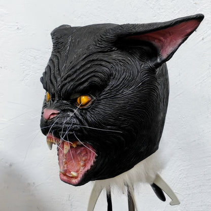 Black Cat Mask with Beard - Funny Animal Cosplay Accessory Rubber Realistic Party Mask for All Ages