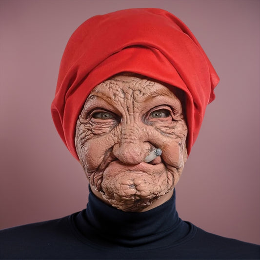 Funny Smoking Granny Latex Mask - Old Nana with Wrinkled Face And Red Scarf Ideal for Halloween Party Costume Props