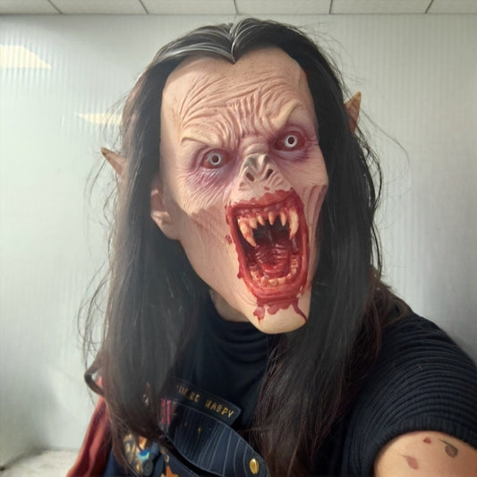 Dracula's Daughter Lifelike Halloween Horror Nights Mask with Bloody Sharp Teeth Long Hair Vampire Rubber Costume Prop for Adult