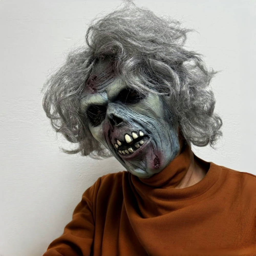 Adult Grey Hair Rubber Zombie Dead Man Mask with Blood Bite Halloween Scar Detailed Bad Teeth Costume Accessory