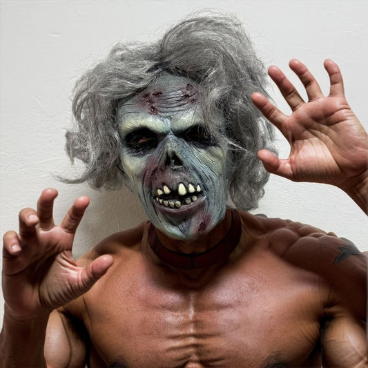 Adult Grey Hair Rubber Zombie Dead Man Mask with Blood Bite Halloween Scar Detailed Bad Teeth Costume Accessory