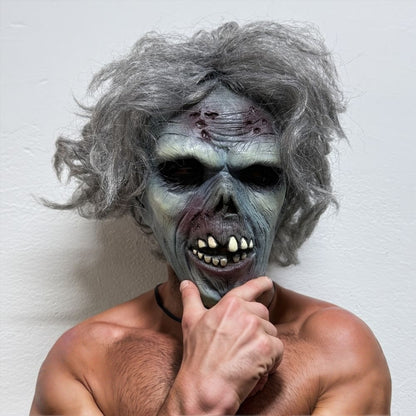 Adult Grey Hair Rubber Zombie Dead Man Mask with Blood Bite Halloween Scar Detailed Bad Teeth Costume Accessory