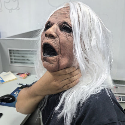 Realistic Rubber Screaming Granny Mask Full Head White Hair Horror Old Woman Party Accessory