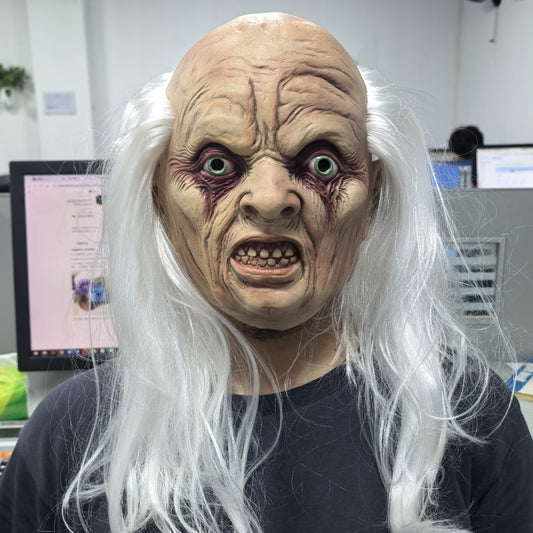Realistic Rubber Full Head Old Man Mask with White Hair Funny Horror Minion Party Accessory for Adults