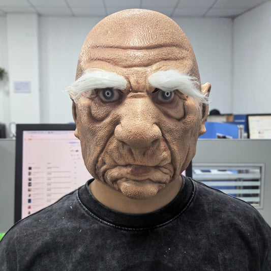 Realistic Rubber Old Man Mask with White Eyebrow Angry Full Head Prop for Halloween Party Costume Accessory