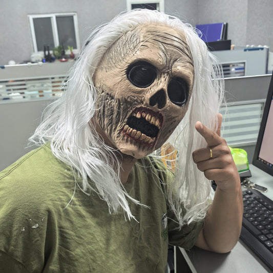 Adult Halloween Walking Dead Zombie Rubber Face Mask with White Hair Scream Old Man Design for Cosplay And Party Accessory