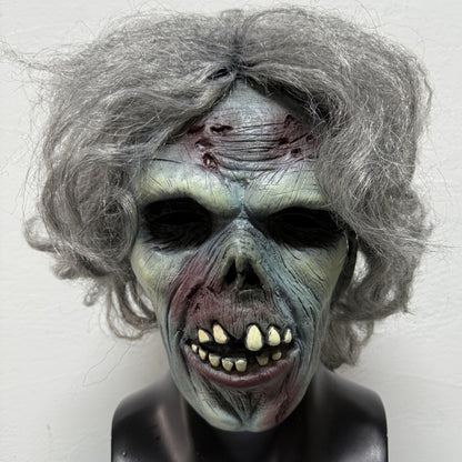 Adult Grey Hair Rubber Zombie Dead Man Mask with Blood Bite Halloween Scar Detailed Bad Teeth Costume Accessory