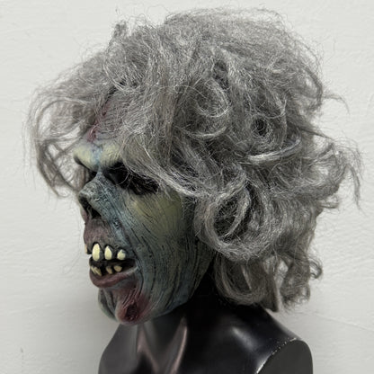 Adult Grey Hair Rubber Zombie Dead Man Mask with Blood Bite Halloween Scar Detailed Bad Teeth Costume Accessory