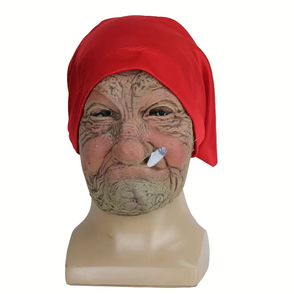 Funny Smoking Granny Latex Mask - Old Nana with Wrinkled Face And Red Scarf Ideal for Halloween Party Costume Props